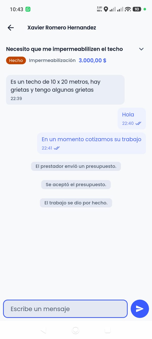 Captura de la aplicación: Conversación y cotización