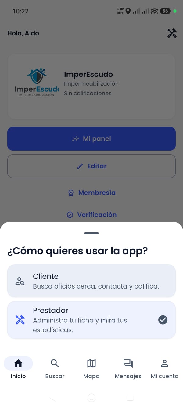 Captura de la aplicación: Inicio: cliente o prestador