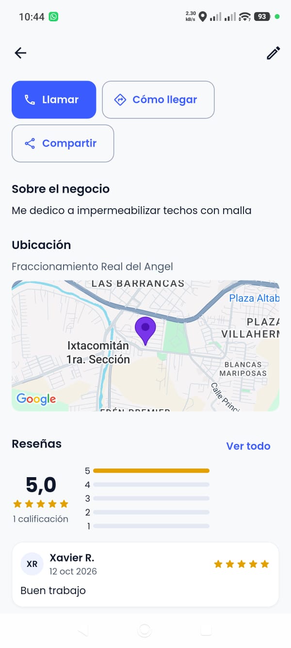 Captura de la aplicación: Ficha del negocio