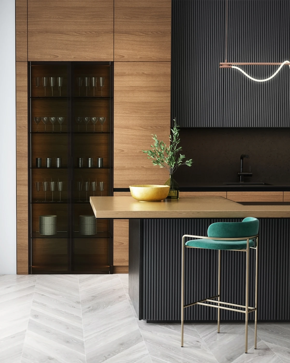 Cocina terminada con muebles de madera, barra y taburete verde
