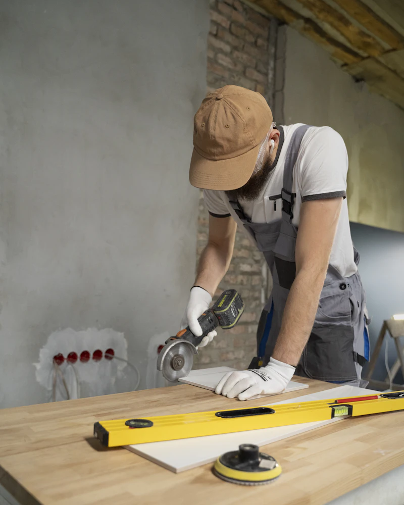 Trabajador con gorra cortando una baldosa sobre una mesa de trabajo